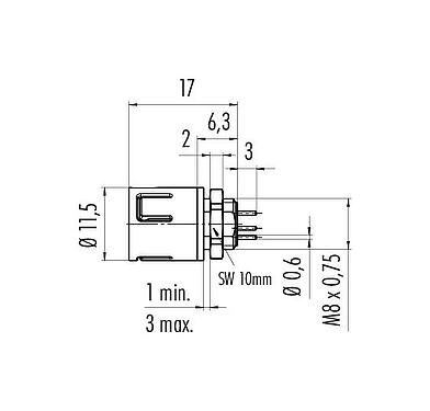 Dibujo a escala Snap-In Enchufe de brida, Número de contactos: 3, sin blindaje, THT, IP67, UL 2238, M8x0,75, Montaje frontal