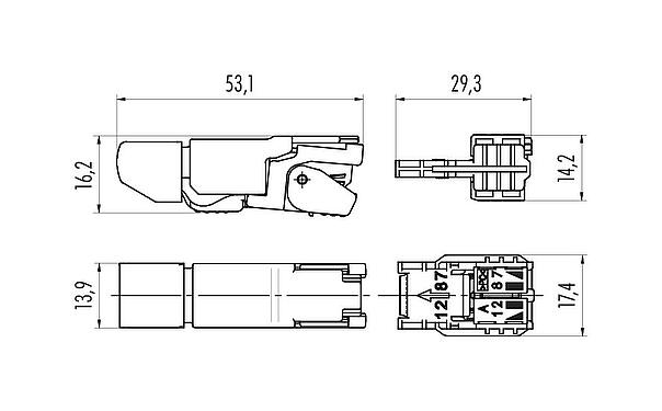 Scale drawing RJ45 connector, Contacts: 8, 5.0-9.0 mm, shieldable, Piercing technology, IP20, UL