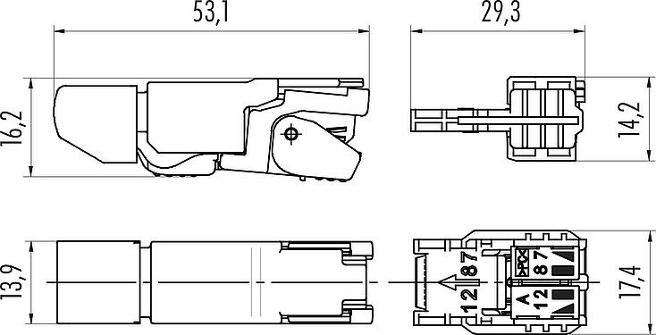Dibujo a escala RJ45 Conector macho, Número de contactos: 8, 5,0-9,0 mm, blindable, Ttecnología de perforación, IP20, UL