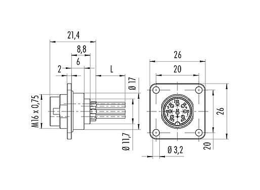 Dessin coté M16 Embase mâle, Contacts: 4 (04-a), non blindé, fils, IP67, UL 2238, M18x0,75, Montage frontal