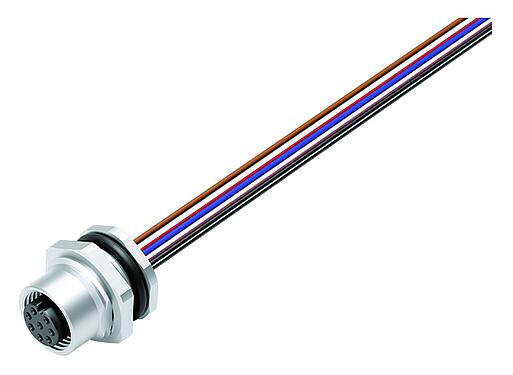 Illustration M12 Female panel mount connector, Contacts: 8, unshielded, single wires, IP68, UL 2238, M16x1.5, Rear mounting, stainless steel, potted