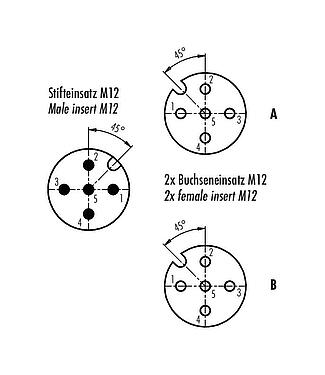 Contact arrangement (Plug-in side) M12 Twin distributors Y-distributor, male connector - 2 female connector, Contacts: 5, unshielded, pluggable, IP68, UL 2238, stainless steel