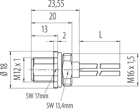 Dessin coté M12 Embase mâle, Contacts: 3, non blindé, fils, IP68, UL 2238, M16x1,5, Montage frontal, coulé
