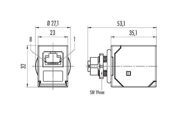 Dibujo a escala M12 Casquillo del armario de distribución, toma - RJ45 recto, Número de contactos: 8, blindado, enchufable, IP67, UL, Montaje en pared
