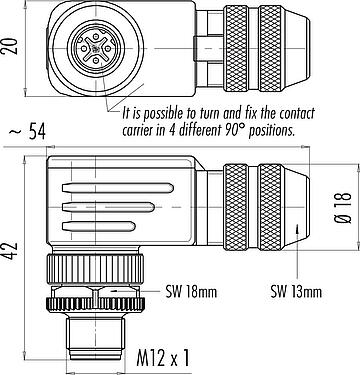 Scale drawing M12 Male angled connector, Contacts: 4, 4.0-6.0 mm, shieldable, screw clamp, IP67