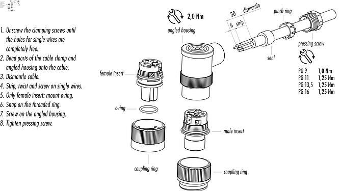 Assembly instructions RD24 Male angled connector, Contacts: 6+PE, 6.0-8.0 mm, unshielded, crimping (Crimp contacts must be ordered separately), IP67, UL, ESTI+, VDE, PG 9