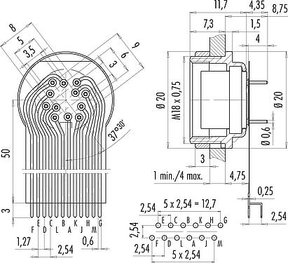 Connection & dimensions M16 Female panel mount connector, Contacts: 12 (12-a), unshielded, THT, IP40, M18x0,75, Rear mounting, double-row
