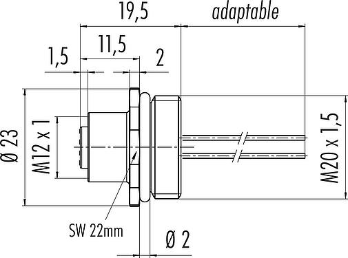 Dessin coté M12 Embase femelle, Contacts: 5, non blindé, fils, IP67, UL 2238, M20x1,5, Montage frontal, coulé