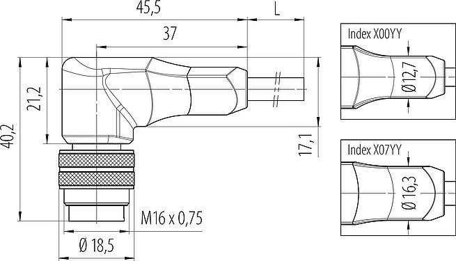 Scale drawing M16 Male angled connector, Contacts: 7 (07-b), unshielded, moulded on the cable, IP67, PUR, black, 7 x 0.25 mm², 5 m