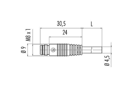 Dessin coté M8 Connecteur mâle, Contacts: 3, non blindé, surmoulé sur le câble, IP65, PVC, noir, 3 x 0,25 mm², Aligner version, 2 m