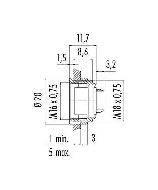 Dessin coté M16 Embase femelle, Contacts: 19 (19-a), non blindé, souder, IP40, M18x0,75, Montage frontal