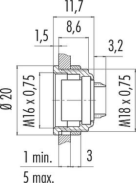 Dessin coté M16 Embase femelle, Contacts: 14 (14-b), non blindé, souder, IP40, M18x0,75, Montage frontal