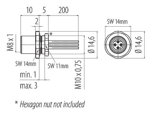 Scale drawing M8 Female panel mount connector, Contacts: 4, unshielded, single wires, IP67, M8x1.0, Front mounting