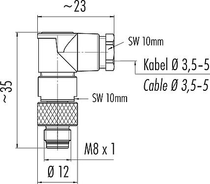 Scale drawing M8 Male angled connector, Contacts: 3, 3.5-5.0 mm, unshielded, solder, IP67, UL 2238