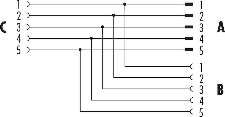 Pin assignment plans M12 Twin distributors Y-distributor, male connector - 2 female connector, Contacts: 5, unshielded, pluggable, IP68, UL 2238