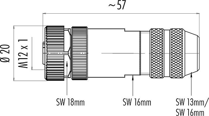 Scale drawing M12 Female cable connector, Contacts: 4, 6.0-8.0 mm, shieldable, wire clamp, IP67, with shielding ring