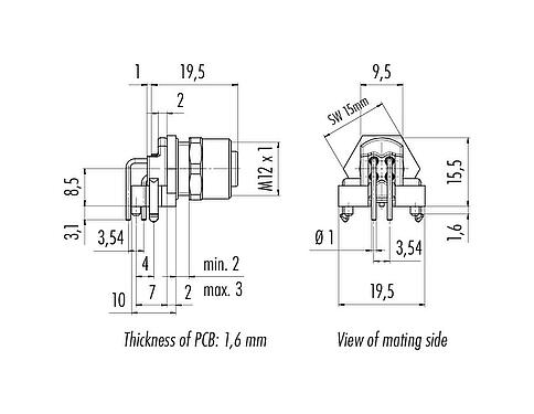 Dibujo a escala M12 Toma de brida, Número de contactos: 5, sin blindaje, THR, IP68, UL 2238, M12x1,0, Montaje en pared, diseño de dos partes