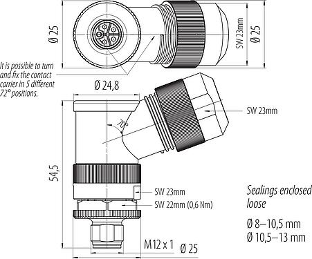 Dibujo a escala M12 Conector macho en ángulo, Número de contactos: 4+FE, 8,0-13,0 mm, sin blindaje, tornillo extraíble, IP67, M12x1,0, para la fuente de alimentación (potencia), UL 2237 en preparación, con conexión de PE