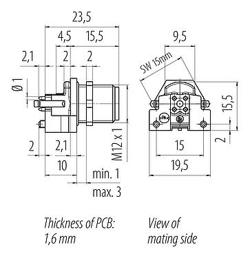 Scale drawing M12 Male panel mount connector, Contacts: 4, unshielded, THR, IP67, UL 2238, M12x1.0, Rear mounting, for the power supply, two-part design