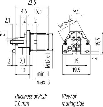 Dibujo a escala M12 Enchufe de brida, Número de contactos: 4, sin blindaje, THR, IP67, UL 2238, M12x1,0, Montaje en pared, para la fuente de alimentación (potencia), diseño de dos partes