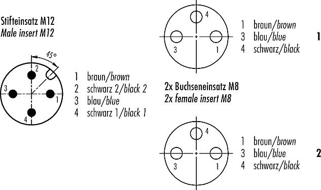 Contact arrangement (Plug-in side) M12/M8 Male angled cable splitter- 2 female cable connectors, Contacts: 4/3, unshielded, moulded on the cable, IP67, UL 2238, PUR, black, 3 x 0.34 mm², 1 m