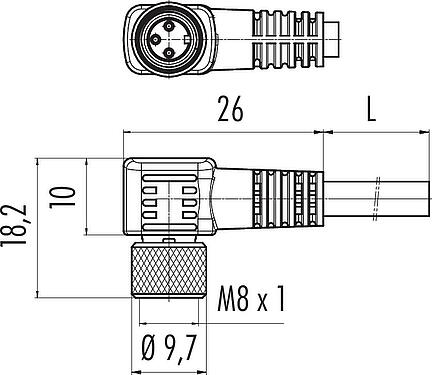 Dessin coté M8 Connecteur femelle coudé, Contacts: 3, blindé, surmoulé sur le câble, IP67, PUR, noir, 3 x 0,34 mm², 2 m