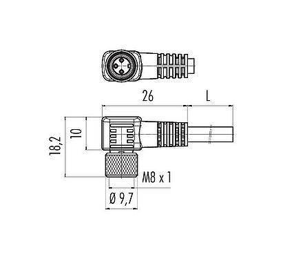 Dessin coté M8 Connecteur femelle coudé, Contacts: 3, blindé, surmoulé sur le câble, IP67, PUR, noir, 3 x 0,34 mm², 2 m