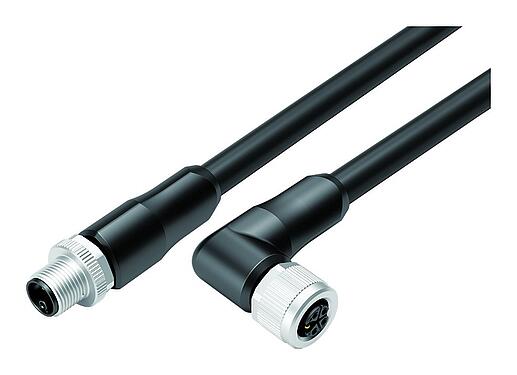 Ilustración M12 Conector de cable macho - conector hembra en ángulo, Número de contactos: 4+PE, sin blindaje, moldeado en el cable, IP68, UL 2238, PUR, negro, 5 x 1,50 mm², UL en preparación, 5 m