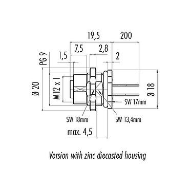 Scale drawing M12 Female panel mount connector, Contacts: 4, unshielded, single wires, IP68/IP69K, UL 2238, PG 9, Rear mounting