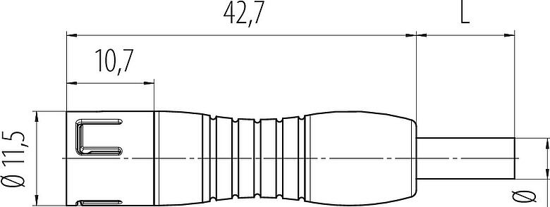 Dibujo a escala Snap-In Conector de cable macho, Número de contactos: 8, sin blindaje, moldeado en el cable, IP67, UL 2238, PUR, negro, 8 x 0,25 mm², 2 m