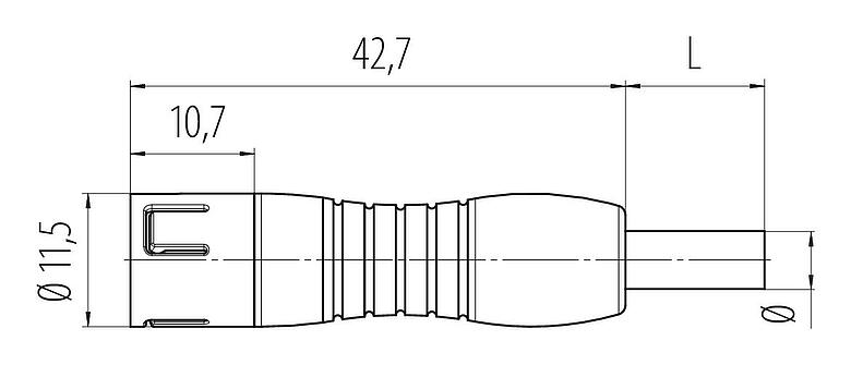 Dibujo a escala Snap-In Conector de cable macho, Número de contactos: 4, sin blindaje, moldeado en el cable, IP67, UL 2238, PUR, negro, 4 x 0,25 mm², 2 m