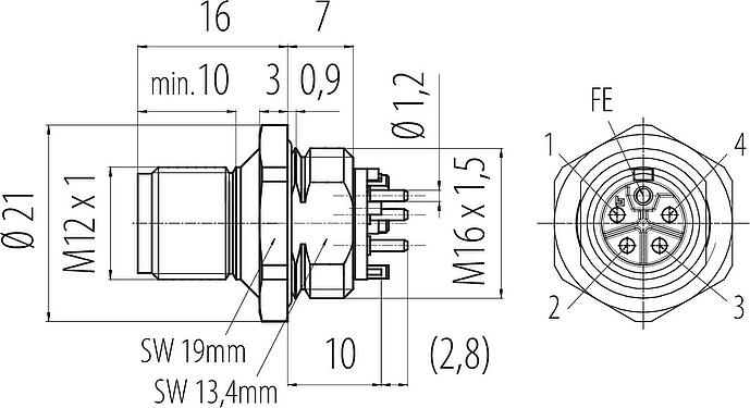 Dibujo a escala M12 Enchufe de brida, Número de contactos: 4+FE, sin blindaje, THR, IP67, UL 2238, M16x1,5, Montaje frontal