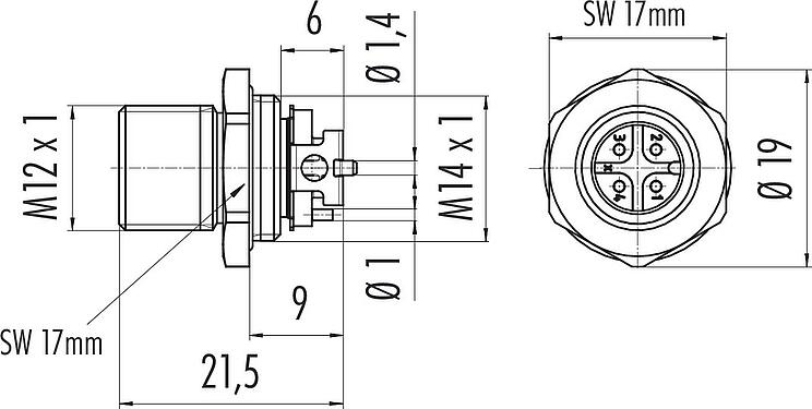 Dessin coté M12 Embase mâle, Contacts: 4, non blindé, SMT, IP67, M12x1,0, Montage frontal