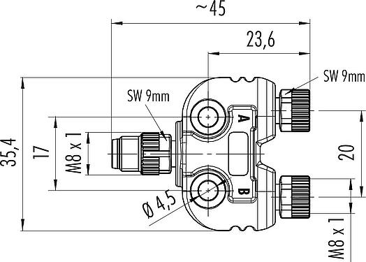 Scale drawing M8 Twin distributors, Y-distributor, male connector - 2 female connector, Contacts: 4/3, unshielded, pluggable, IP67, UL 2238