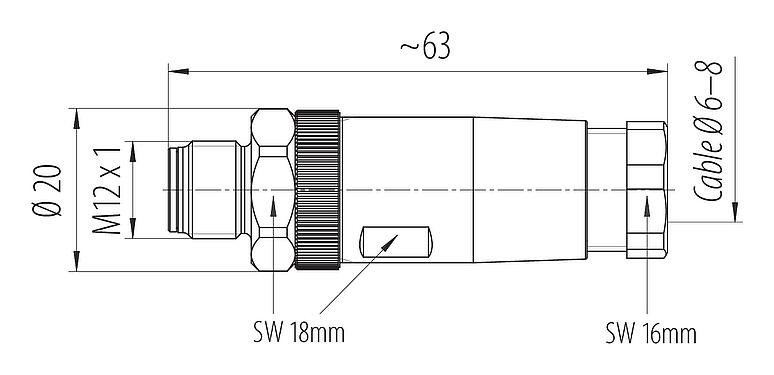 Dibujo a escala M12 Conector de cable macho, Número de contactos: 4, 6,0-8,0 mm, sin blindaje, tornillo extraíble, IP67, Acero inoxidable