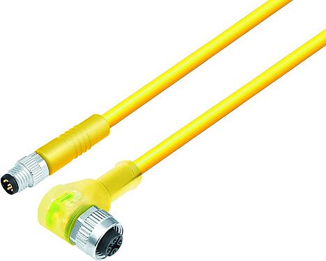Illustration M12/M8 Male cable connector - female angled connector, Contacts: 3, unshielded, moulded on the cable, IP67/IP69K, UL 2238, Standard, PVC, yellow, 3 x AWG 22, 5 m