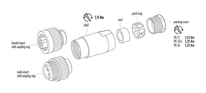 Component part drawing RD24 Male cable connector, Contacts: 6+PE, 8.0-10.0 mm, unshielded, screw clamp, IP67, UL, ESTI+, VDE, PG 11