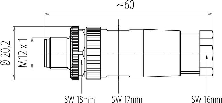 Scale drawing M12 Male cable connector, Contacts: 3, 6.0-8.0 mm, unshielded, screw clamp, IP67, UL 2238