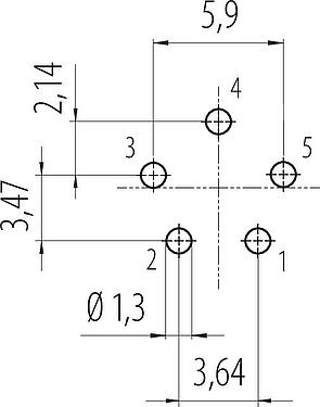 Conductor layout Snap-In Female panel mount connector, Contacts: 5, unshielded, THT, IP67, M12x1.0, Front mounting