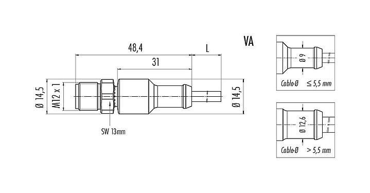 Dessin coté M12 Connecteur mâle, Contacts: 4, non blindé, surmoulé sur le câble, IP67/IP69K, UL 2238, PUR, noir, 4 x 0,34 mm², Acier inoxydable, 5 m