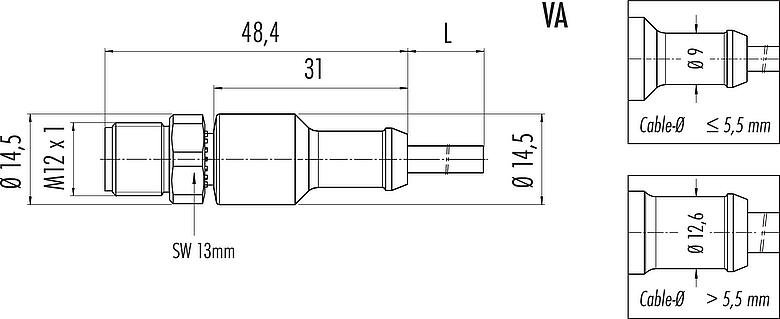 Dessin coté M12 Connecteur mâle, Contacts: 12, non blindé, surmoulé sur le câble, IP67/IP69K, UL 2238, PUR, noir, 12 x 0,25 mm², 2 m
