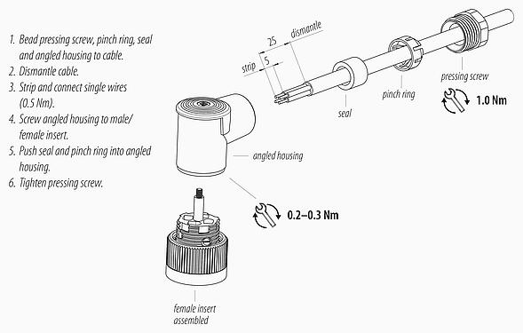 Instrucción de montaje M18 Conector hembra en ángulo, Número de contactos: 4, 6,5-8,0 mm, sin blindaje, tornillo extraíble, IP67