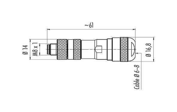Scale drawing M8 Male cable connector, Contacts: 3, 6.0-8.0 mm, shieldable, screw clamp, IP67, UL 2238, with shielding ring