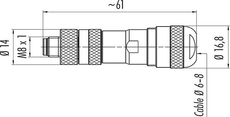 Scale drawing M8 Male cable connector, Contacts: 3, 6.0-8.0 mm, shieldable, screw clamp, IP67, UL 2238, with shielding ring