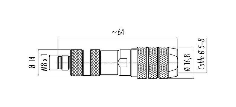 Scale drawing M8 Male cable connector, Contacts: 4, 5.0-8.0 mm, shieldable, screw clamp, IP67, iris spring