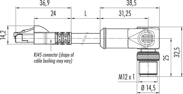 Dibujo a escala M12/RJ45 Cable de conexión conector macho en ángulo - conector RJ45, Número de contactos: 4, blindado, moldeado/engarzado, IP67, Ethernet CAT5e, TPE, negro, 2 x 2 x AWG 24, 2 m