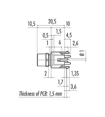 Scale drawing M8 Female panel mount connector, Contacts: 3, unshielded, THR, IP67, UL 2238