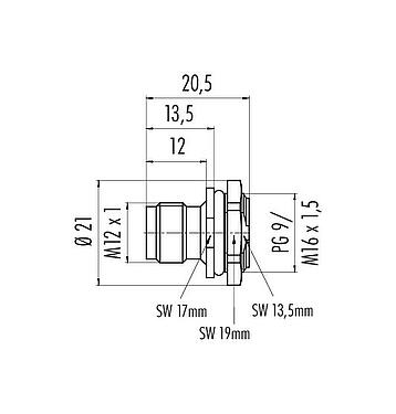Scale drawing M12 Male panel mount connector, Contacts: 5, unshielded, solder, IP67, UL 2238, M16x1.5, Front mounting