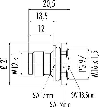 Dibujo a escala M12 Enchufe de brida, Número de contactos: 4, sin blindaje, soldadura, IP67, UL 2238, PG 9, Montaje frontal