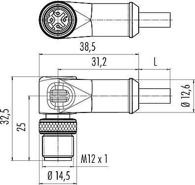 Scale drawing M12 Male angled connector, Contacts: 4, shielded, moulded on the cable, IP67, Ethernet CAT5e, TPE, black, 2 x 2 x AWG 24, 5 m